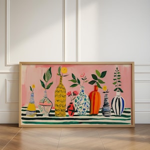 a painting of vases and plants on a pink background