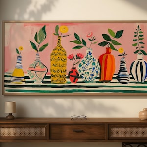 a painting of vases and flowers on a wall