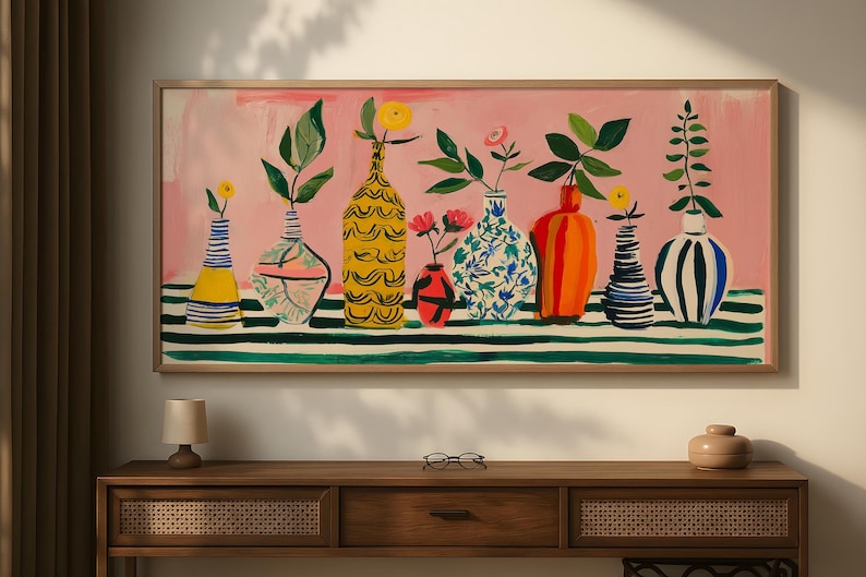 a painting of vases and flowers on a wall