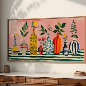 Arte mural con jarrón colorido, estilo Matisse, impresión de bodegón, póster horizontal grande enmarcado, decoración floral moderna para el hogar, regalo de galería vibrante SP0122