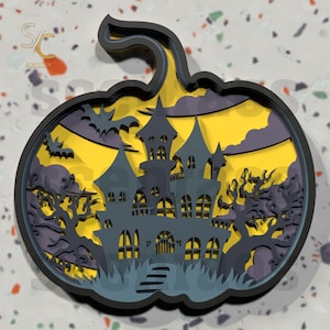 Layered Pumpkin SVG with Haunted House, 3D Spooky Wall Decor Digital File for Laser Cutters and Cricut