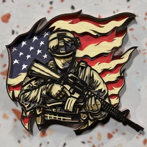 Layered Soldier with American Flag SVG, 3D Military Art for Laser Cutting, Patriotic Wall Decor