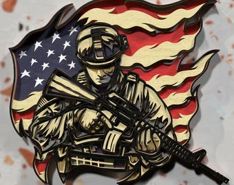 Layered Soldier with American Flag SVG, 3D Military Art for Laser Cutting, Patriotic Wall Decor