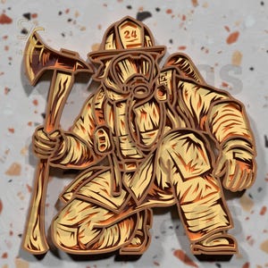 Kneeling Firefighter 3D Layered SVG, Laser Cut File for Fire Department, Hero Appreciation Digital Art