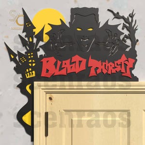 Colgador de puerta de Halloween de vampiro sediento de sangre, archivo cortado con láser, archivo digital SVG