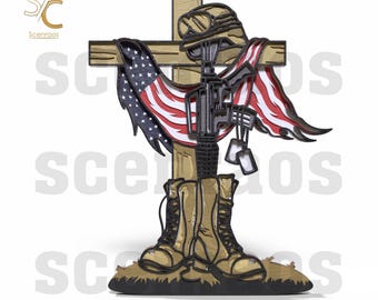 Military Memorial Laser File | Soldier Cross with USA Flag | Layered SVG for Glowforge and CNC