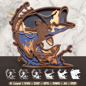 Bass Fishing Scene SVG, Layered Laser Cut File, Glowforge Ready, Nature Digital File