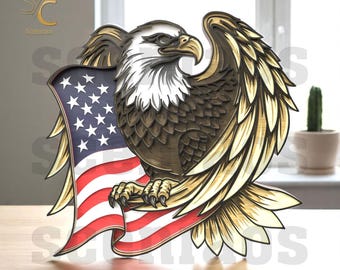 Layered Bald Eagle Holding American Flag - CNC Files for Patriotic Wood Art