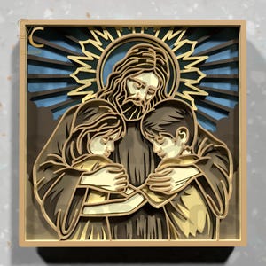 Christian Laser Cut File of Jesus and Children, 3D Layered Wall Art, Religious SVG and DXF for CNC