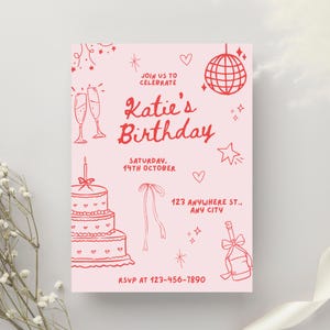 Doodle Birthday Invitation Template, Coquette Pink Invite, Printable Birthday Invite, Canva Template, Girly Aesthetic Birthday, Hand Drawn