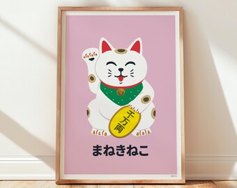 Póster con estampado de maneki neko para pared – gato japonés de la suerte