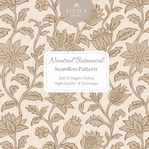 Könnte beinhalten: Ein nahtloses Muster mit einem neutralen botanischen Design, das beige und braune florale Elemente aufweist. Das Design umfasst stilisierte Blumen, Blätter und Ranken. Der Text auf dem Bild lautet "Neutral Botanical Seamless Pattern".