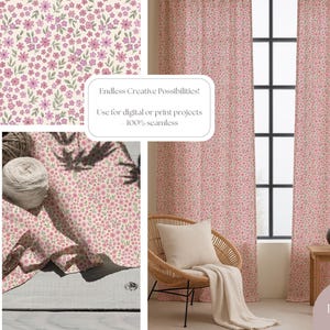 Pode incluir: Um design de padr&atilde;o floral com pequenas flores rosa e folhas verdes sobre um fundo creme. O design &eacute; exibido em tecido, cortinas e uma almofada. A imagem inclui o texto "Endless Creative Possibilities! Use for digital or print projects 100% seamless."