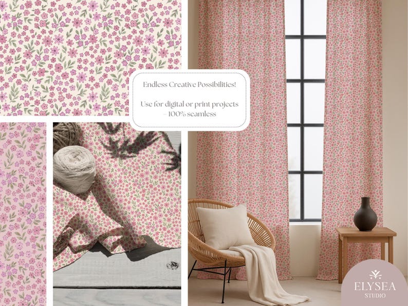 Pode incluir: Um design de padr&atilde;o floral com pequenas flores rosa e folhas verdes sobre um fundo creme. O design &eacute; exibido em tecido, cortinas e uma almofada. A imagem inclui o texto "Endless Creative Possibilities! Use for digital or print projects 100% seamless."