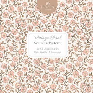 May include: A seamless vintage floral pattern featuring soft peach-colored flowers and brown stems on a cream background. The design includes the text "Vintage Floral Seamless Pattern" and "Soft & Elegant Colors".