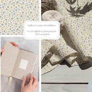 Pu&ograve; includere: Una collezione di motivi floreali dai colori pastello. L'immagine include tessuto, un taccuino e il testo "Endless Creative Possibilities! Use for digital or print projects 100% seamless."