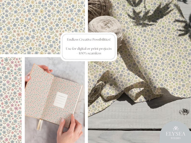 Pu&ograve; includere: Una collezione di motivi floreali dai colori pastello. L'immagine include tessuto, un taccuino e il testo "Endless Creative Possibilities! Use for digital or print projects 100% seamless."