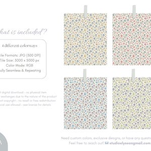 Pu&ograve; includere: Quattro design di motivi floreali in diverse varianti di colore, ciascuno visualizzato su sfondo bianco e tenuto da una clip. I motivi sono completamente senza cuciture e ripetuti, con formati di file JPG e una dimensione delle piastrelle di 5000 x 5000 px.