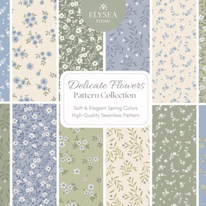 May include: A selection of floral seamless patterns in pastel shades of blue, green, and cream. The designs showcase delicate flowers and foliage, with the text "Delicate Flowers Pattern Collection".