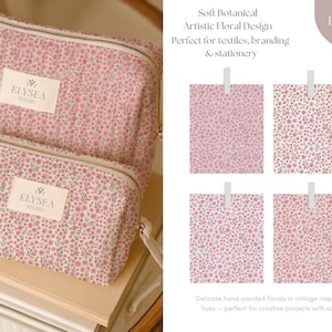 Pode incluir: Duas bolsas de cosm&eacute;ticos com estampa floral rosa com z&iacute;peres dourados e o logotipo "ELYSEA STUDIO". As bolsas fazem parte de uma cole&ccedil;&atilde;o de designs florais bot&acirc;nicos e art&iacute;sticos suaves, perfeitos para t&ecirc;xteis e papelaria.