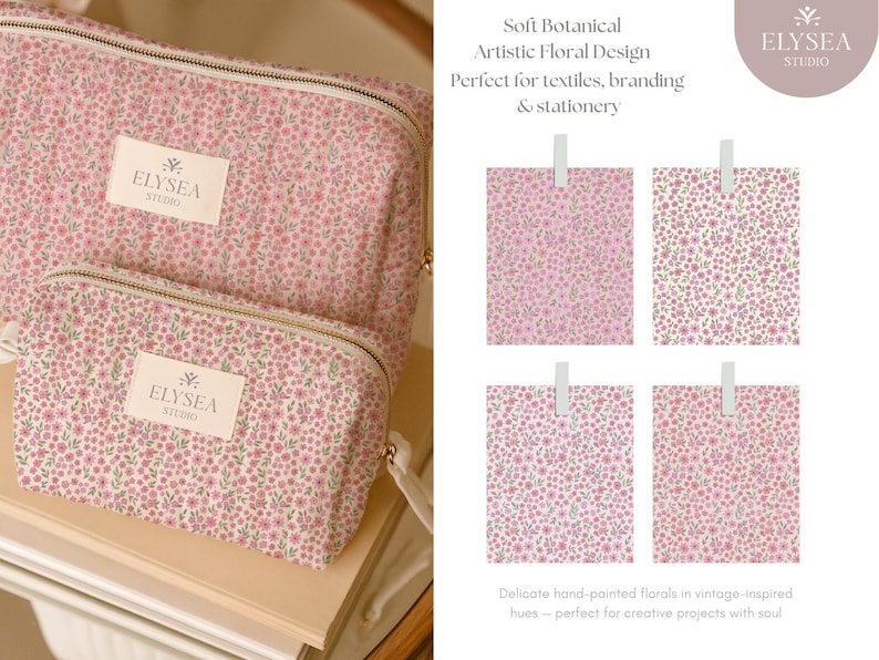 Pode incluir: Duas bolsas de cosm&eacute;ticos com estampa floral rosa com z&iacute;peres dourados e o logotipo "ELYSEA STUDIO". As bolsas fazem parte de uma cole&ccedil;&atilde;o de designs florais bot&acirc;nicos e art&iacute;sticos suaves, perfeitos para t&ecirc;xteis e papelaria.
