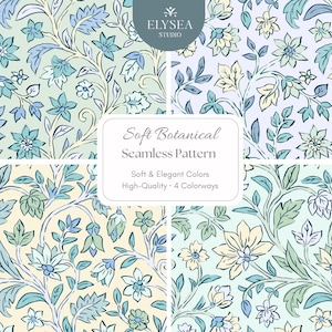 Motif botanique sans couture - Motif floral vert et bleu doux en 4 coloris • Téléchargement numérique haute résolution