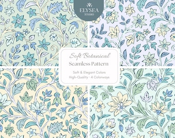 Botanical Seamless Pattern – Soft Green & Blue Floral Design in 4 Colorways • High-Resolution Digital Download