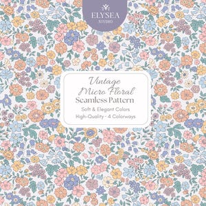May include: A seamless pattern featuring a vintage micro floral design in soft pastel colors. The pattern includes small flowers in shades of pink, blue, yellow, and orange on a white background. The image also includes text that reads "Vintage Micro Floral Seamless Pattern".