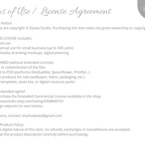 Pu&ograve; includere: Un documento bianco con il testo "Termini di utilizzo / Contratto di licenza" e il logo Elysea Studio. Il documento delinea la licenza standard, incluso l'uso personale e commerciale per le piccole imprese, e ci&ograve; che non &egrave; consentito.