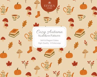 Cozy Autumn Seamless Pattern, Fall Digital Paper, Pumpkin and Mushroom Print, Transparent PNG & JPG, Thanksgiving Fabric Design