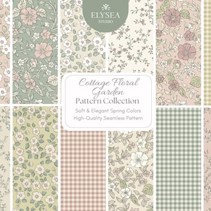 Puede incluir: Una colección de patrones florales y de cuadros vichy en colores pastel suaves. Los patrones incluyen varios diseños florales y patrones de cuadros. El texto dice "Cottage Floral Garden Pattern Collection" y "Soft & Elegant Spring Colors".