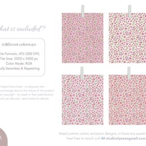 Pode incluir: Quatro designs de padr&otilde;es florais em rosa e branco, cada um preso a um fundo branco. Os padr&otilde;es apresentam pequenas flores e folhas. A imagem inclui texto que descreve os formatos de arquivo, o tamanho e o modo de cor.