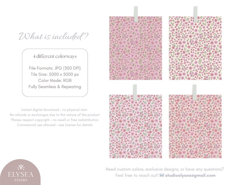 Pode incluir: Quatro designs de padr&otilde;es florais em rosa e branco, cada um preso a um fundo branco. Os padr&otilde;es apresentam pequenas flores e folhas. A imagem inclui texto que descreve os formatos de arquivo, o tamanho e o modo de cor.