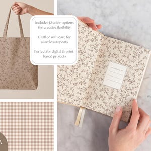 May include: A beige tote bag and notebook with a floral pattern. The notebook is open, revealing lined pages and a label. The image also shows a gingham pattern and a floral border. Text on the image says "Includes 12 colour options for creative flexibility".
