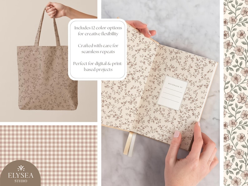 May include: A beige tote bag and notebook with a floral pattern. The notebook is open, revealing lined pages and a label. The image also shows a gingham pattern and a floral border. Text on the image says "Includes 12 colour options for creative flexibility".