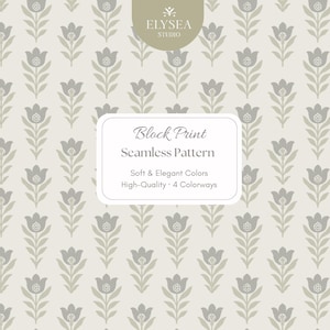 Op de afbeelding: Een naadloos blokdrukpatroon met een herhalend bloemmotief in grijstinten en beige. De afbeelding bevat de tekst "Block Print Seamless Pattern" en "Soft & Elegant Colors".