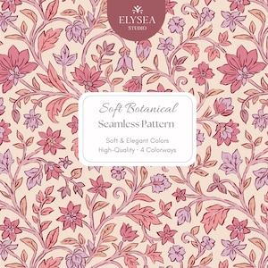 Op de afbeelding: Een naadloos patroon met een bloemmotief met roze en paarse bloemen en bladeren op een crèmekleurige achtergrond. De tekst op de afbeelding luidt "Soft Botanical Seamless Pattern". Het ontwerp wordt beschreven als met "Soft & Elegant Colors" en "High-Quality 4 Colorways".
