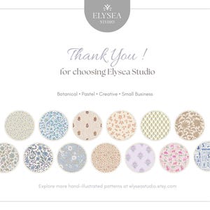 Pode incluir: Um fundo branco com o texto "Thank You! for choosing Elysea Studio." Abaixo, s&atilde;o apresentados doze padr&otilde;es circulares em cores pastel. Os padr&otilde;es incluem desenhos florais, bot&acirc;nicos e geom&eacute;tricos. No topo da imagem est&aacute; o logotipo "Elysea Studio".