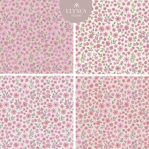 Pode incluir: Quatro padr&otilde;es florais em tons de rosa e creme. Cada padr&atilde;o apresenta pequenas flores rosa e folhas verdes. O canto superior direito da imagem inclui um logotipo circular com o texto "ELYSEA STUDIO".