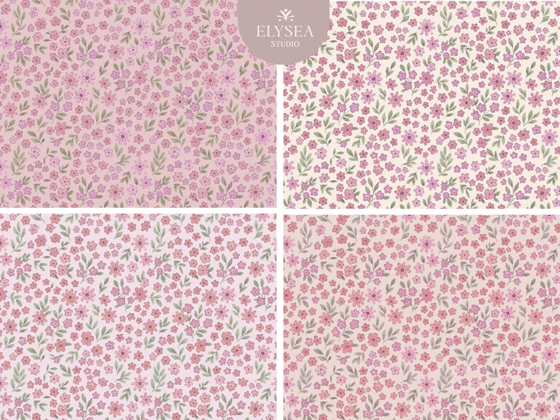 Pode incluir: Quatro padr&otilde;es florais em tons de rosa e creme. Cada padr&atilde;o apresenta pequenas flores rosa e folhas verdes. O canto superior direito da imagem inclui um logotipo circular com o texto "ELYSEA STUDIO".
