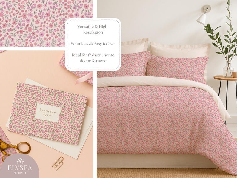 Pode incluir: Conjunto de roupa de cama floral rosa com fronhas e capa de edred&atilde;o a condizer. Um cart&atilde;o de felicita&ccedil;&otilde;es com o texto "birthday love" tamb&eacute;m &eacute; vis&iacute;vel. O texto "Versatile & High Resolution" e "Seamless & Easy to Use" tamb&eacute;m est&aacute; presente.