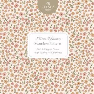 Può includere: Un motivo senza cuciture con piccoli fiori stilizzati nei toni del pesca, rosa e beige, con foglie verdi su sfondo crema. Il design include il testo "Mini Blooms Seamless Pattern" e "Soft & Elegant Colors".