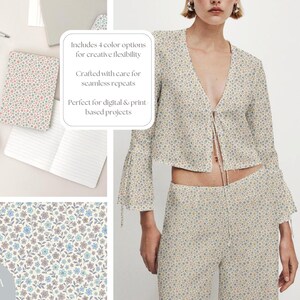Pu&ograve; includere: Completo color crema con stampa floreale, composto da giacca e pantaloni, con motivo abbinato su quaderni. Il design floreale presenta piccoli fiori blu, rosa e gialli. Il testo recita: "Include 4 opzioni di colore per la flessibilit&agrave; creativa".