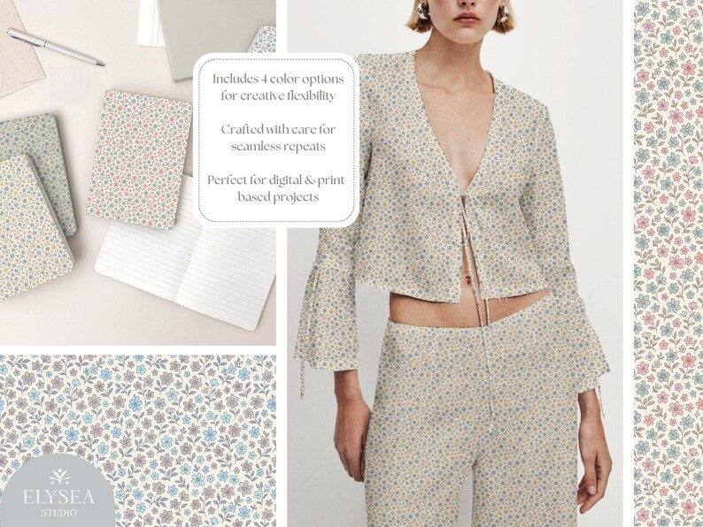 Pu&ograve; includere: Completo color crema con stampa floreale, composto da giacca e pantaloni, con motivo abbinato su quaderni. Il design floreale presenta piccoli fiori blu, rosa e gialli. Il testo recita: "Include 4 opzioni di colore per la flessibilit&agrave; creativa".