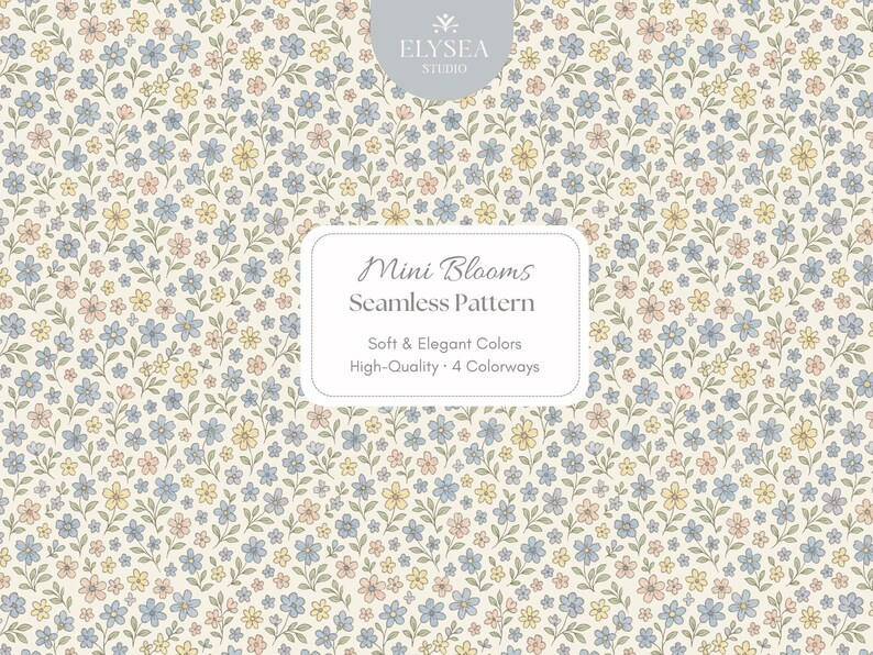 Pu&ograve; includere: Un motivo senza cuciture con una profusione di piccoli fiori in tonalit&agrave; pastello di blu, giallo e rosa, su uno sfondo color crema. Il design include il testo "Mini Blooms Seamless Pattern" e "Soft & Elegant Colors".