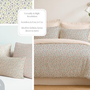 Pu&ograve; includere: Un set di biancheria da letto e cuscini con un motivo floreale blu, rosa e marrone su sfondo crema. L'immagine include il testo "Versatile & High Resolution", "Seamless & Easy to Use" e "Ideal for fashion, home decor & more". &Egrave; visibile anche il logo di Elysea Studio.