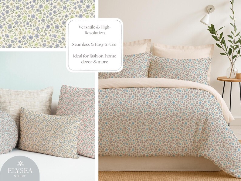 Pu&ograve; includere: Un set di biancheria da letto e cuscini con un motivo floreale blu, rosa e marrone su sfondo crema. L'immagine include il testo "Versatile & High Resolution", "Seamless & Easy to Use" e "Ideal for fashion, home decor & more". &Egrave; visibile anche il logo di Elysea Studio.