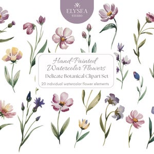 20 aquarel bloem clipart png – handgeschilderde botanische elementen – transparante achtergrond – bruiloft & branding graphics