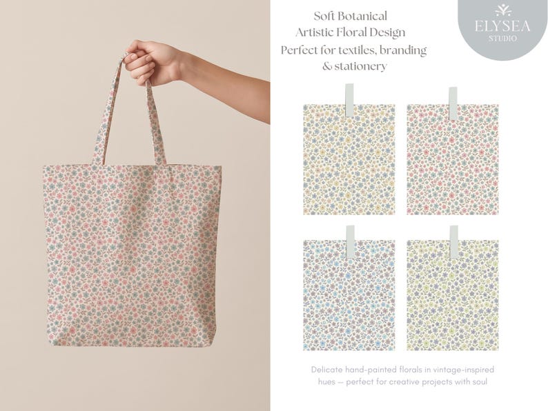 Pu&ograve; includere: Una borsa tote con un motivo floreale rosa, blu e grigio, tenuta in mano. L'immagine mostra anche quattro disegni a motivi floreali e il testo "Soft Botanical Artistic Floral Design".