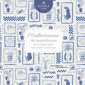 Puede incluir: Patrón repetitivo en azul y blanco, con ilustraciones enmarcadas de plantas, animales y formas geométricas. El texto "Mediterranean Tile Inspired Pattern" se muestra sobre un fondo blanco. El diseño incluye un sol, palmeras y un leopardo.